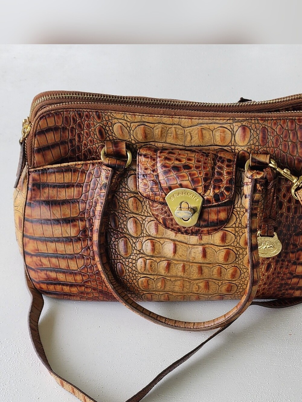 Brahmin Tan and Brown Crocodile-Embossed Satchel - Picture 2 of 15